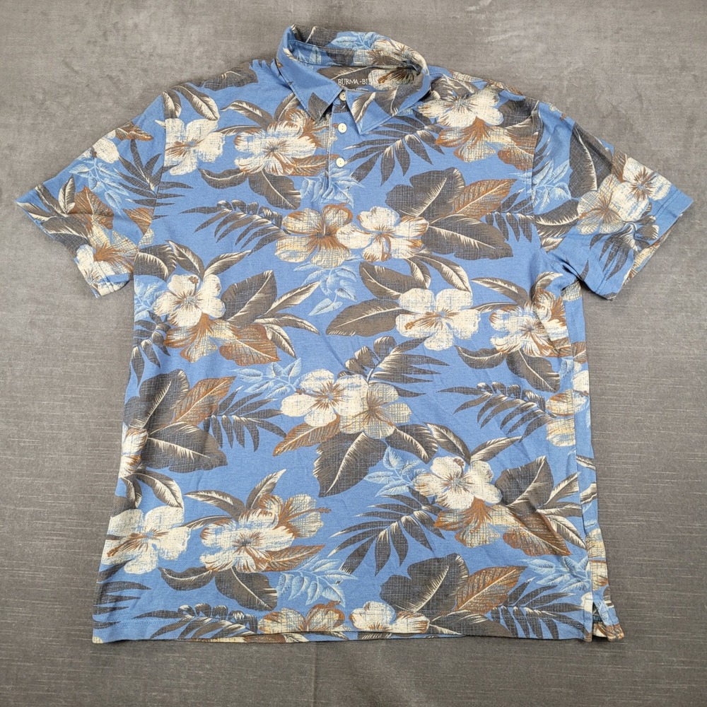 Burma Bibas Mens Large Blue Floral‎ Hibiscus Cotton Short Sleeve Polo Shirt